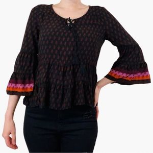 Mudd Peplum High Low Peasant Top Blouse Flared Sleeves Boho Tassels Fall Y2K